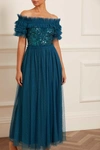 NEEDLE & THREAD NEEDLE & THREAD SEQUIN WREATH BODICE OFF-SHOULDER ANKLE GOWN