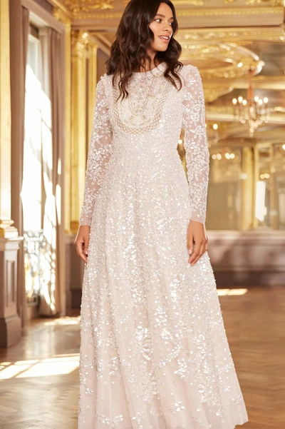 Needle & Thread Victorian Wreath Gloss Long Sleeve Gown In Champagne