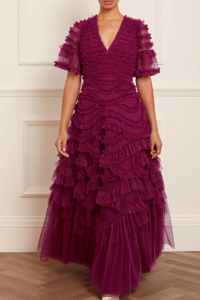 Needle & Thread Tulle Ruffled Phoenix Gown In Purple