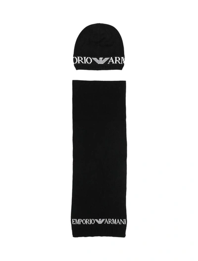 Emporio Armani Knit Beanie And Scarf Set In Black