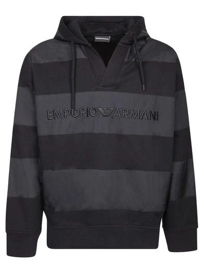 Emporio Armani Logo-embroidered Striped Hoodie In Black