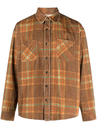 Erl Check-print Cotton Shirt In Grey Brown