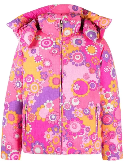 Erl Floral-print Hooded Cotton-blend Twill Down Jacket In Fucsia