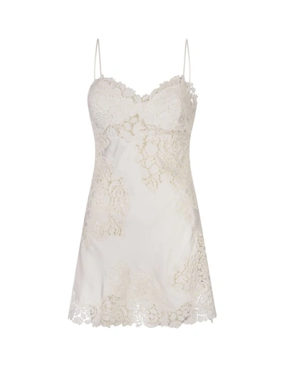 Ermanno Scervino White Silk Mini Dress With Lace In Bianco | ModeSens