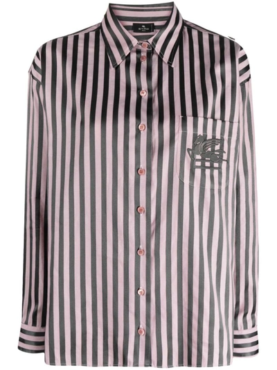 Etro Pegaso-embroidered Striped Shirt In Nero E Rosa