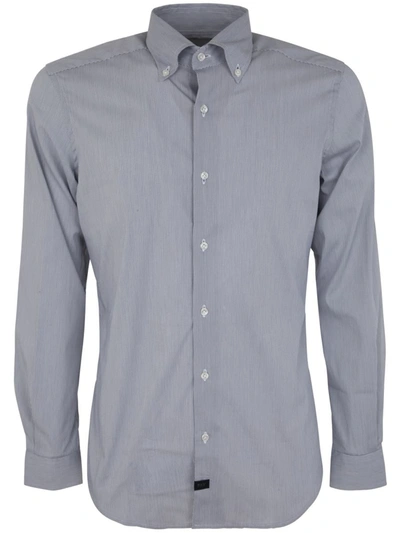 Fay New Button Down Stretch Poplin Microchecked Shirt Clothing In Blue
