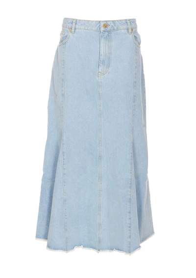 Ganni Bleach Denim Peplum Midi Skirt In Light Blue Stone