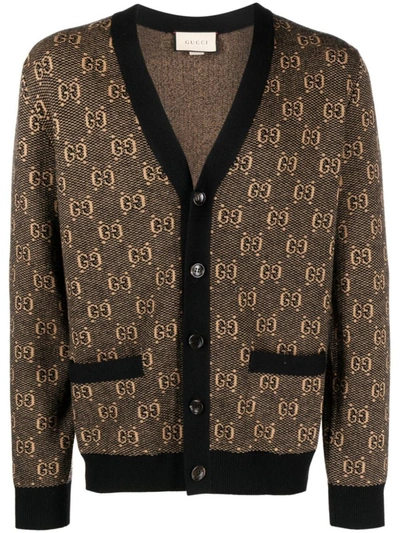 Gucci Camel\/black Gg Wool Cardigan In Cream
