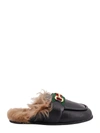 Gucci Men's Airel Long Shearling And Leather Mule Slippers In Black
