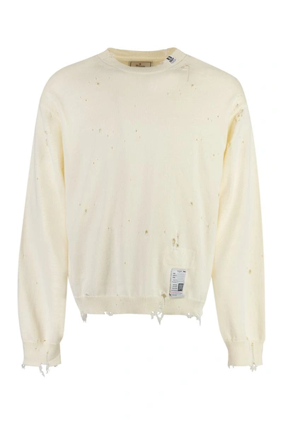 Miharayasuhiro Distressed Long-sleeve Cotton Jumper In Ivory