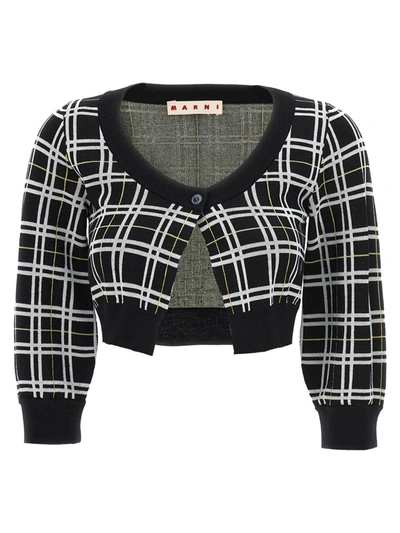Marni Checked Cropped Cardigan In White/black