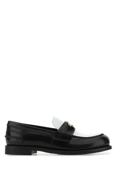 Miu Miu Two-tone Brushed Leather Penny Loafers In Black