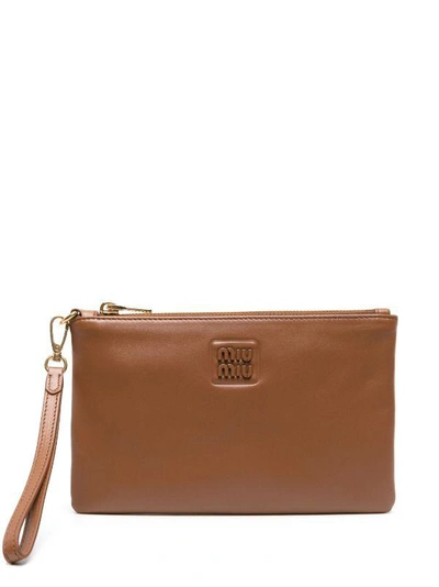 Miu Miu Logo-plaque Leather Pouch Bag In Cognac