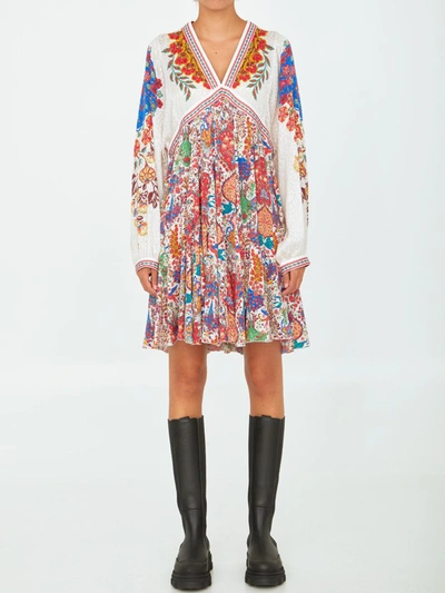 Etro Short Tunic Dress In White Silk With Print In Multicolor