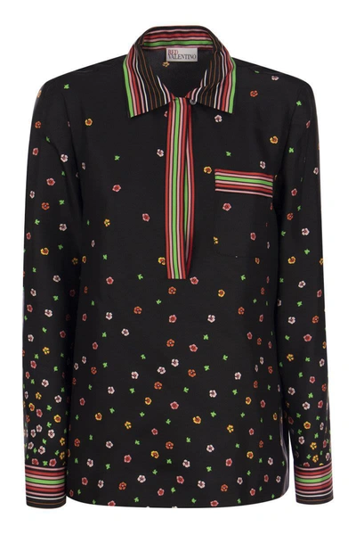 Red Valentino Printed Silk Top Flowers And Stripes In Black