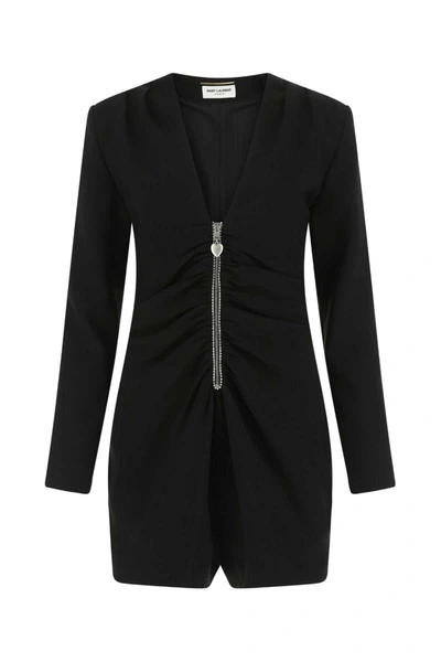 Saint Laurent V-neck Ruched Zip-up Jumpsuit In Black