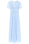 Self-portrait Belted Pleated Guipure Lace-trimmed Chiffon Maxi Dress In Blue