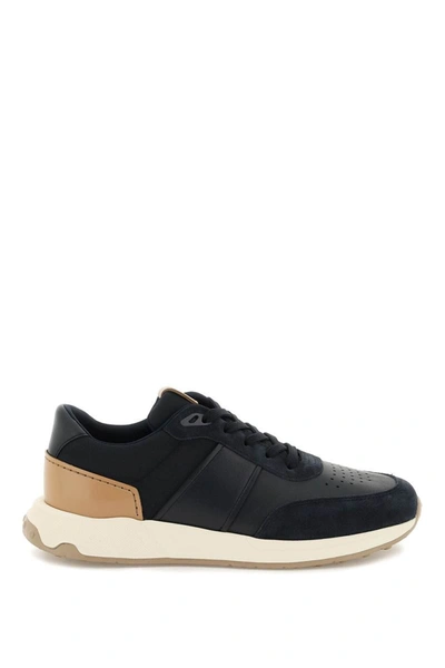 Tod's Leather And Techno Fabric Sneakers In Blue,beige