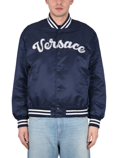 Versace Logo Embroidered Buttoned Jacket In Blue