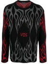 VISION OF SUPER VISION OF SUPER BLACK JUMPER WITH RED AND GREY JACQUARD LOGO AND FLAMES CLOTHING