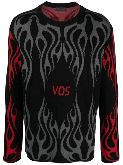VISION OF SUPER VISION OF SUPER BLACK JUMPER WITH RED AND GREY JACQUARD LOGO AND FLAMES CLOTHING