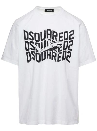 DSQUARED2 WHITE T-SHIRT WITH SHARK AND LOGO PRINT IN COTTON MAN