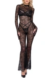 ROMA CONFIDENTIAL FLORAL LONG SLEEVE LACE BELL BOTTOM CATSUIT