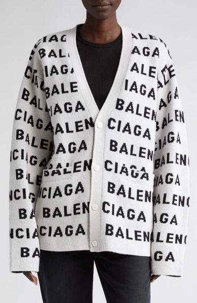 Balenciaga All-over Logo Wool Cardigan In Monochrome