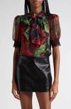 ALICE AND OLIVIA BRENTLEY FLORAL TIE NECK PUFF SLEEVE TOP