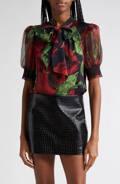 Alice And Olivia Brentley Tie-neck Puff-sleeve Blouse In Cloud Floral Bordeaux