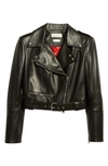 Alexander Mcqueen Belted Crop Leather Moto Jacket In Black