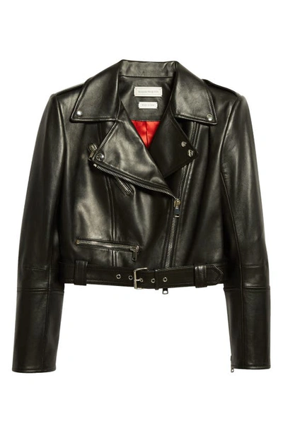 Alexander Mcqueen Belted Crop Leather Moto Jacket In 1000 Black