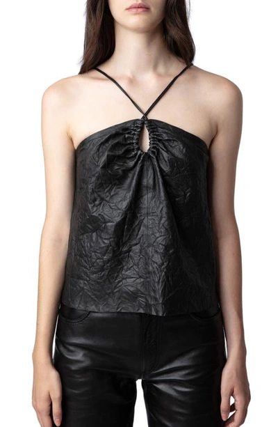 Zadig & Voltaire Cidonie Crinkled Leather Top In Noir