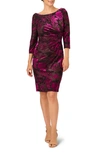 Shop Adrianna Papell Floral Metallic Drape Back Three-quarter Sleeve Midi Burnout Velvet Sheath Dress In Black/ Violet
