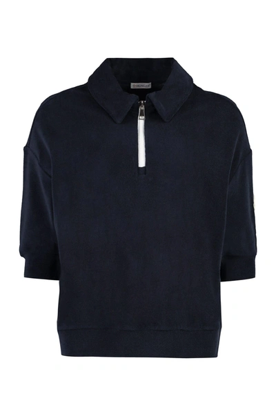 Moncler Elbow Length Sleeve Cotton Terry Cloth Zip Polo In Blue