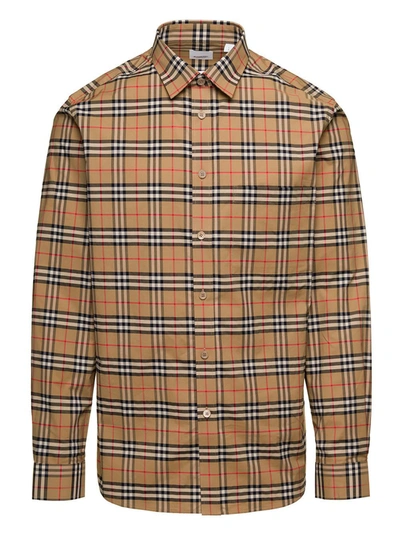 Burberry Vintage Check Cotton Poplin Shirt Man  In Beige