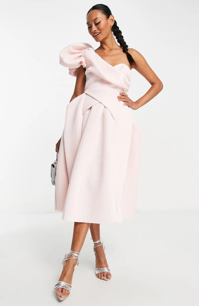 Asos Design One Shoulder Origami Midi Prom Dress In Blush-pink