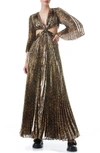 ALICE AND OLIVIA BAHAMA METALLIC PLEATED CUTOUT SILK BLEND MAXI DRESS