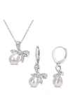 DELMAR STERLING SILVER 7.5–9MM CULTURED FRESHWATER PEARL & MOISSANITE BOW DROP EARRINGS & NECKLACE SET