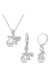 Delmar Sterling Silver 7.5–9mm Cultured Freshwater Pearl & Moissanite Bow Drop Earrings & Necklace S In White