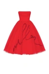 MILLA DRAMATIC RED ORGANZA DRESS ADORNED WITH MILLA'S SIGNATURE AND BLACK GLOVES, XO XO