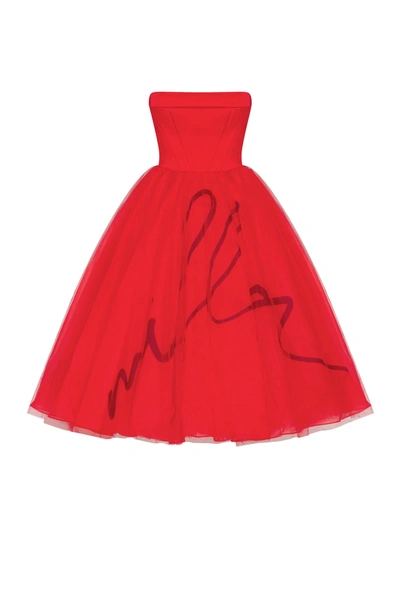 Milla Dramatic Red Organza Dress Adorned With 's Signature And Black Gloves, Xo Xo
