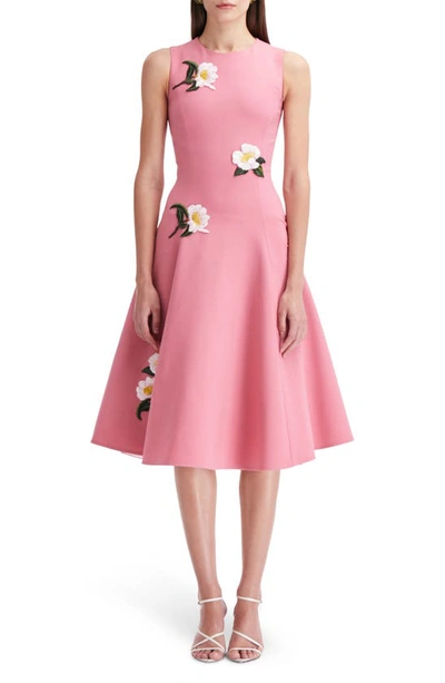 OSCAR DE LA RENTA OSCAR DE LA RENTA GARDENIA APPLIQUÉ SLEEVELESS FIT & FLARE DRESS