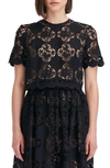 Oscar De La Renta Short Sleeve Jewel Neck Gardenia Guipure Eyelet Blouse In Black