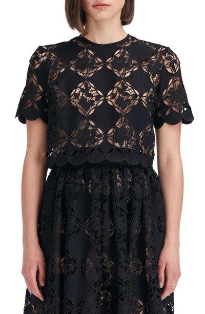 Oscar De La Renta Short Sleeve Jewel Neck Gardenia Guipure Eyelet Blouse In Black