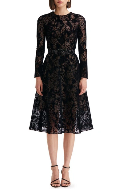 Oscar De La Renta Flocked Floral Lace Dress In Black