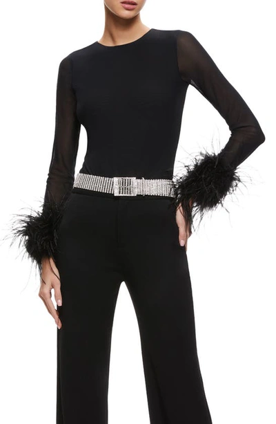 Alice And Olivia Delaina Feather Cuff Mixed Media Top In Black