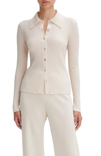 Vince Ribbed Button Front Cardigan In Pale Sand