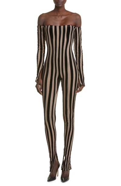 Laquan Smith Velvet Stripe Off The Shoulder Mesh Catsuit In Nude/ Black