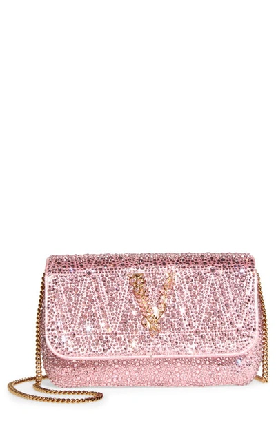 Versace Virtus Mini Crystal Chain Crossbody Bag In Pale Pink/ Gold